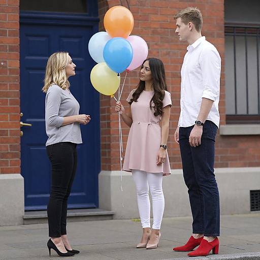 Three People Talking Outdoors with Balloons
