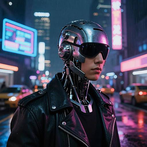 Cyborg woman in metallic helmet and black leather jacket, wearing sunglasses, stands in a neon-lit, rainy urban street at night.