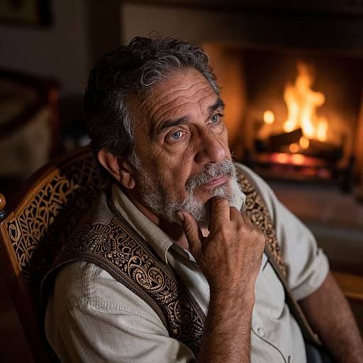 Photograph of an older man with gray beard and hair, sitting by a lit fireplace, wearing a white shirt and ornate vest, thoughtful expression,