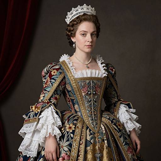 Photograph of a Caucasian woman in a detailed, floral Renaissance-style dress with white lace sleeves, gold embroidery, and a silver tiara, against a