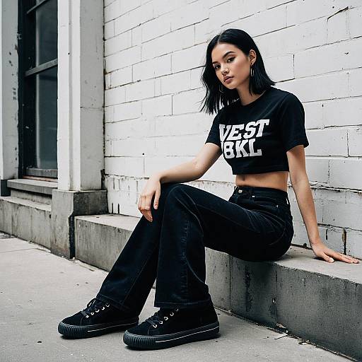 Woman in Black Streetwear Sitting on Concrete Curb