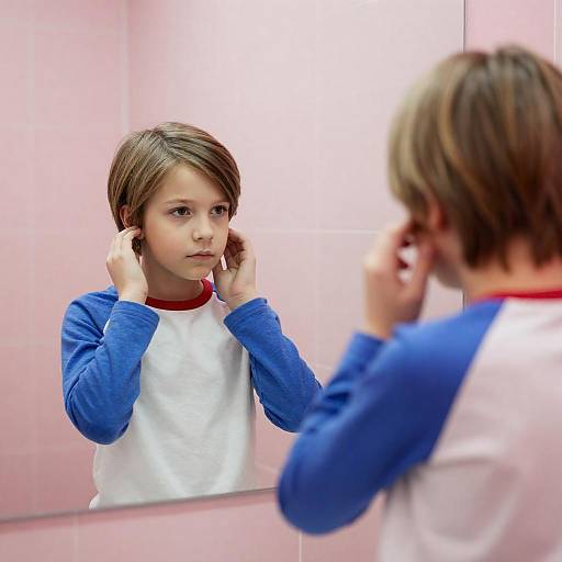 Serious Boy in Colorful Bathroom Setting