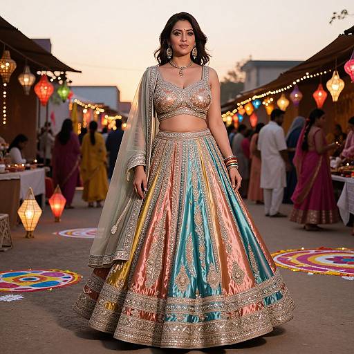 Photograph of an Indian woman in a colorful, ornate lehenga with gold embroidery, matching crop top, and sheer dupatta, standing in a