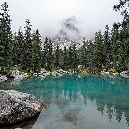 Photograph of a serene mountain lake with clear turquoise water, surrounded by evergreen trees, large rocks, and misty snowy peaks in the background.
