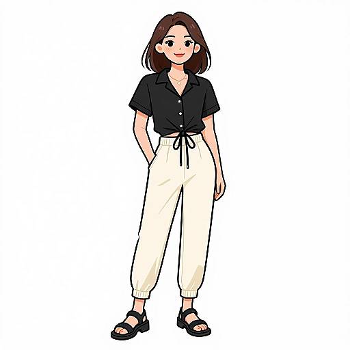 Digital anime-style drawing of a smiling woman with medium brown hair, wearing a black short-sleeve button-up shirt, white pants, and black sandals