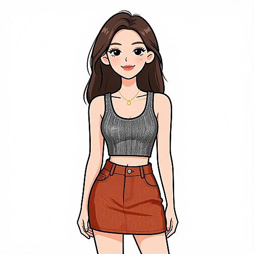 Digital anime-style drawing of a smiling young woman with long brown hair, wearing a black crop top and red high-waisted skirt.