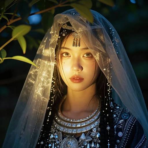Photograph of an Asian woman with fair skin, wearing a detailed, silver-embellished black outfit and translucent veil, illuminated by warm light amidst