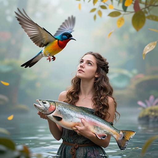 Photograph of a young woman with wavy brown hair, holding a rainbow trout, and a colorful bird hovering above her in a misty, leaf