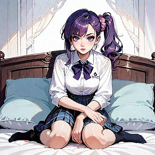 Purple Haired Schoolgirl Kneeling on Bed