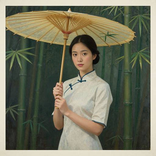 Asian woman with fair skin, black hair in bun, wearing white Chinese cheongsam, holding paper parasol, standing in front of bamboo backdrop.
