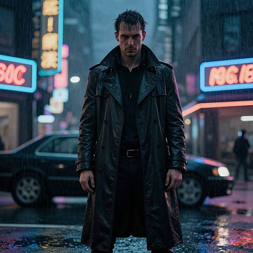Gritty, rain-soaked photograph of a brooding man in a long, wet black coat standing on a neon-lit city street. Background