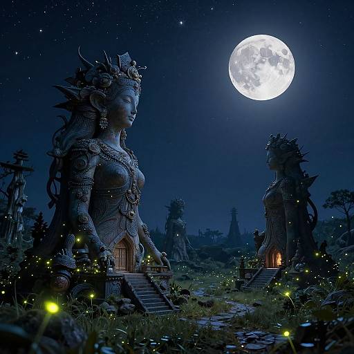 Photograph-like digital art: Two intricate, moonlit, statue-like female figures with ornate headdresses stand in a starry night, surrounded by