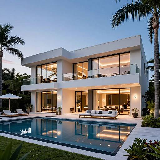 Photograph of a modern, two-story white house with large glass windows, illuminated interior, and a rectangular pool at dusk, surrounded by palm trees and