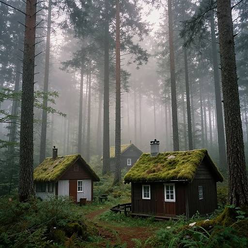 Photograph of two moss-covered wooden cabins in a misty, dense forest, surrounded by tall, towering pine trees with a foggy backdrop.