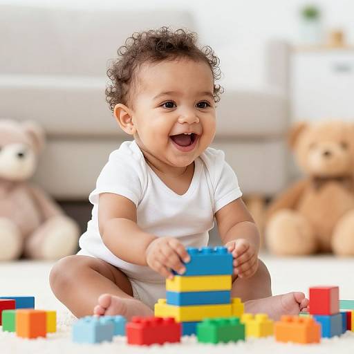 Photograph of a smiling, curly-haired baby in a white shirt, playing with colorful plastic blocks on a white floor, with blurred beige teddy bears
