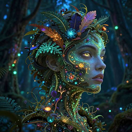 Digital art of a glowing forest fairy with colorful, bioluminescent decorations in her hair and face, set in a dark, enchanted forest.