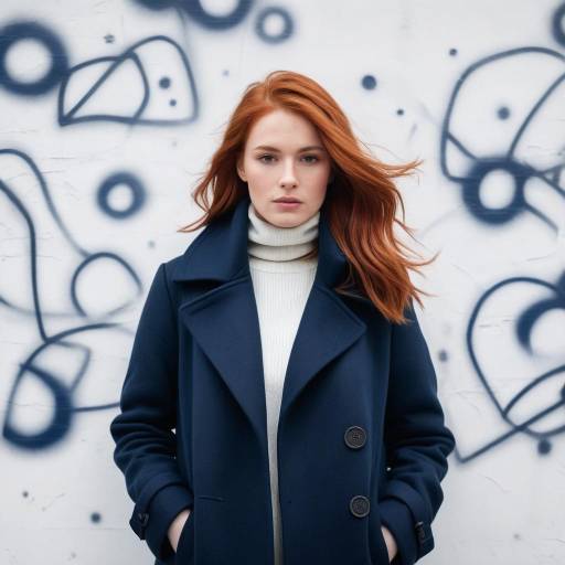 Red-Haired Woman in Navy Coat Against Graffiti Wall