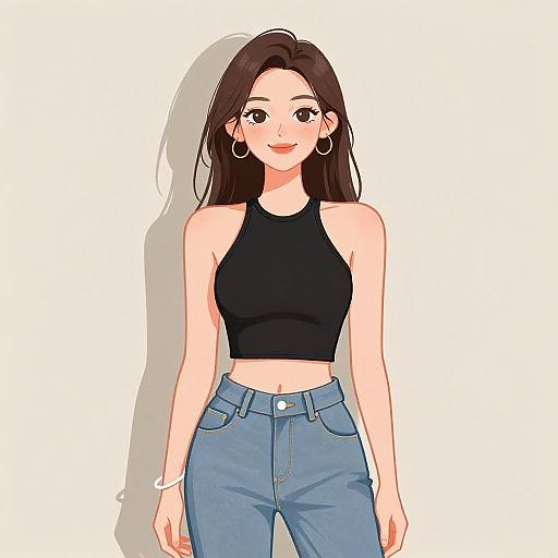 Digital anime-style drawing of a smiling young woman with long brown hair, wearing a black crop top and blue jeans, standing against a white background.