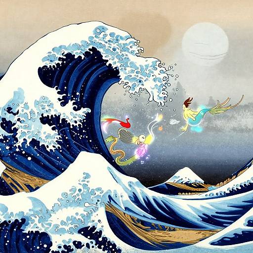 Digital artwork of a wave with white foam, three colorful birds flying above, and a bright sun in a blue-grey sky. Inspired by Hokusai