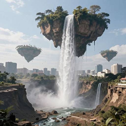 Digital art of a towering waterfall cascading from a lush, tree-covered cliff island above a misty cityscape with skyscrapers.