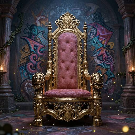 Photograph of an ornate, gold throne with pink, tufted velvet upholstery, set against a dark, graffiti-covered wall with candles glowing.