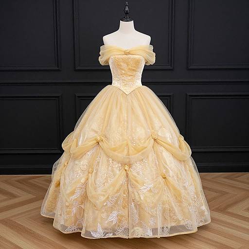 Photograph of a yellow lace ball gown with off-the-shoulder neckline, displayed on a white mannequin against a black paneled wall on