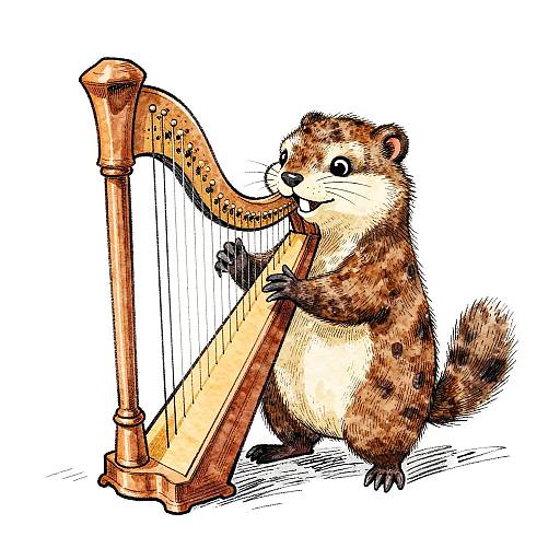 Whimsical Weasel Playing Harp Illustration