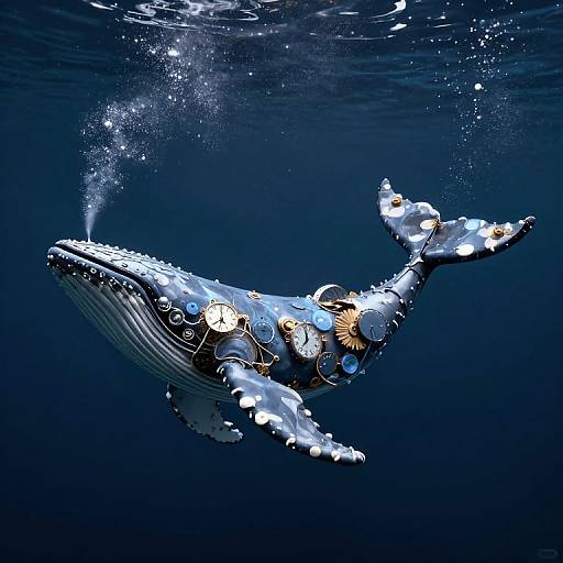 Photograph of a blue whale adorned with oceanic debris, including shells and seaweed, swimming in deep, dark blue water.