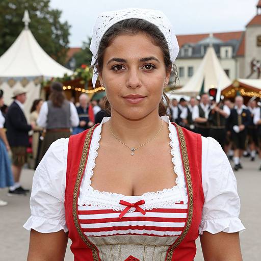 Photograph of a young woman with medium-dark skin, dark hair in a white lace headscarf, wearing a red and white Bavarian dress,