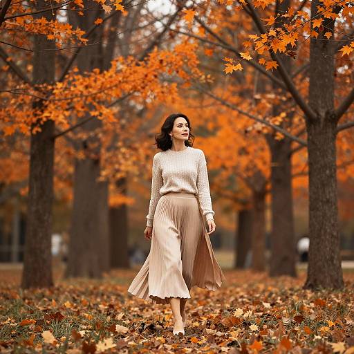 Photograph of a woman with dark hair in a white long-sleeve top and beige pleated skirt, walking through an autumn forest with vibrant orange