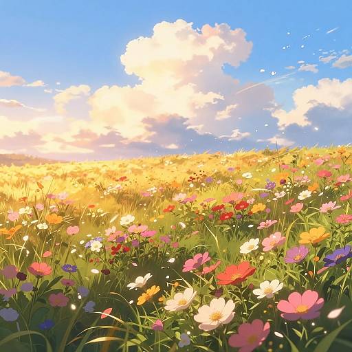Serene Anime Flower Field Sunset
