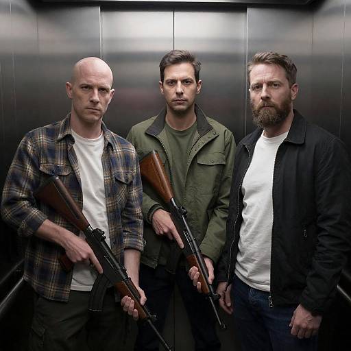 Three Men with Rifles in Elevator
