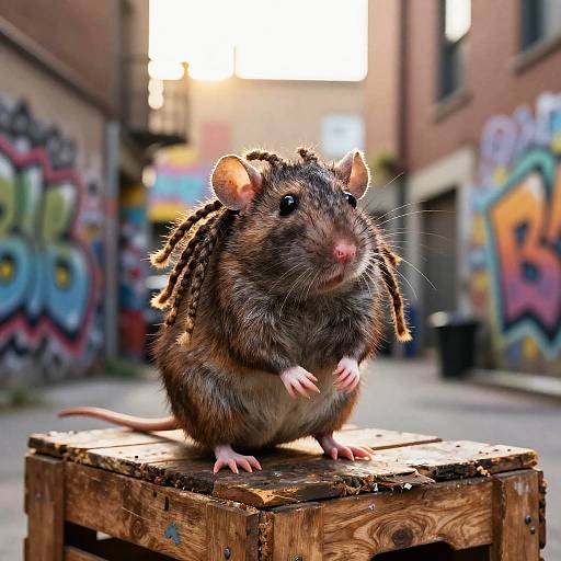 Photograph of a rat with dreadlocks, pink paws, and a pink nose, standing on a wooden crate in a graffiti-covered alleyway with