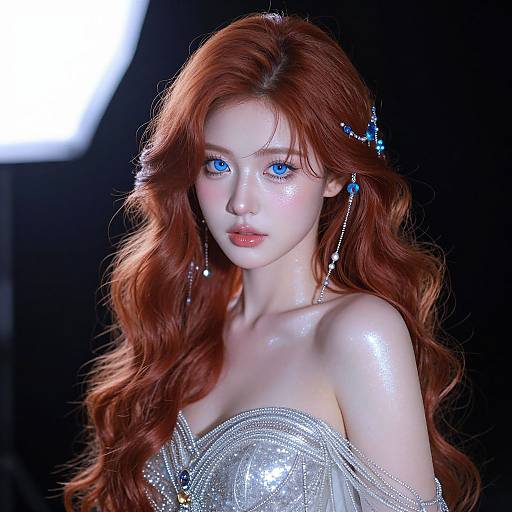 Photorealistic CGI of a fair-skinned, blue-eyed redhead woman with long, wavy hair, wearing a sparkling silver off-shoulder dress