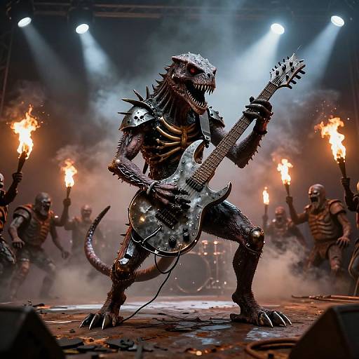 Digital artwork: A fierce, reptilian, rock monster with spiked armor plays a guitar on a smoky, torch-lit stage, surrounded by skeletal