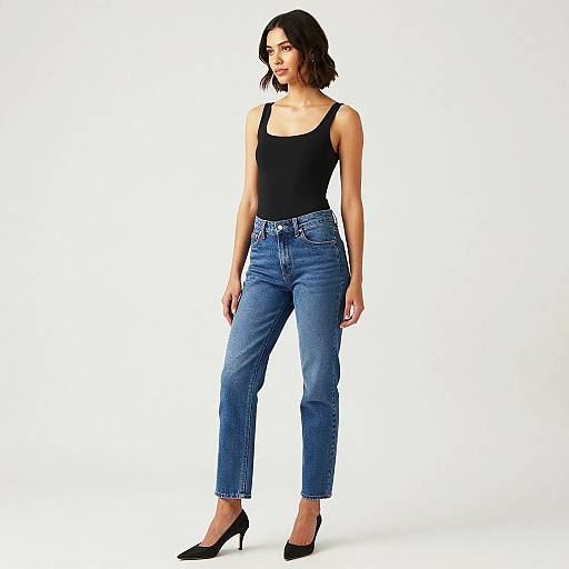 Woman in Black Top and Blue Jeans