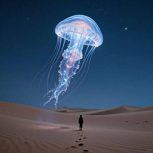 Photograph of a lone person standing in a desert at night, with a glowing, ethereal blue jellyfish hovering above. Starry sky in the