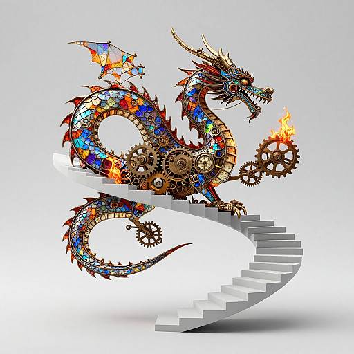 Digital illustration of a colorful, mechanical dragon with gears, gears, and flames, ascending a spiraling white staircase.