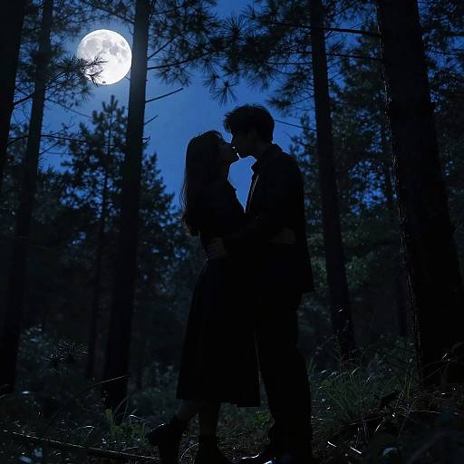 Couple Kissing Under Full Moon in Forest