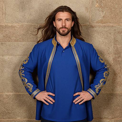 Photograph of a bearded man with long brown hair, wearing a blue, gold-embroidered tunic, standing against a stone wall,