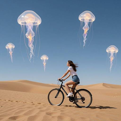 Photograph of a woman with long brown hair, wearing a white top and denim shorts, riding a black bicycle in a desert with clear blue sky,