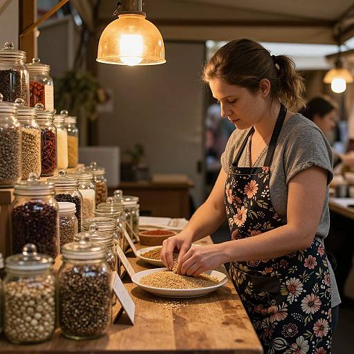 Warm Market Scene with Woman Sorting Grains