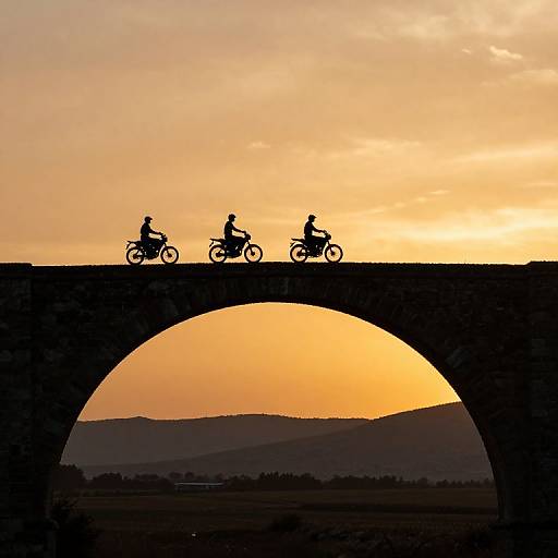 Silhouetted riders on bicycles cross a stone arch bridge at sunset, with a golden sky and rolling hills in the background.