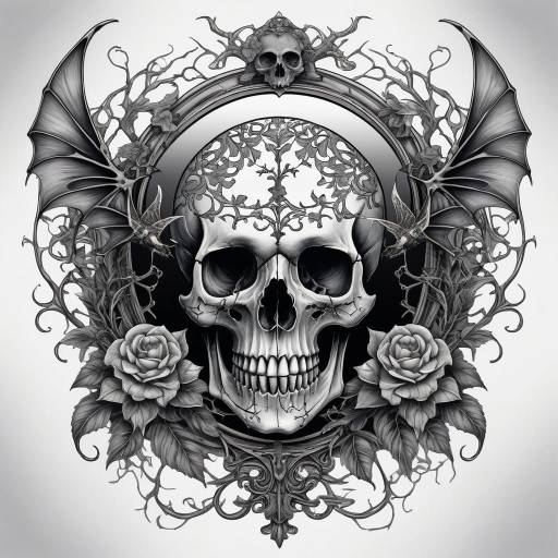 Ornate Gothic Skull with Roses and Bats