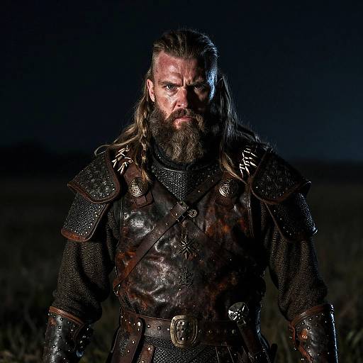 Photograph of a rugged, bearded man with long hair, wearing dark, bloodstained medieval armor, illuminated against a dark, night sky.