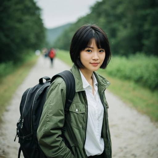 Young woman in green jacket with backpack outdoors