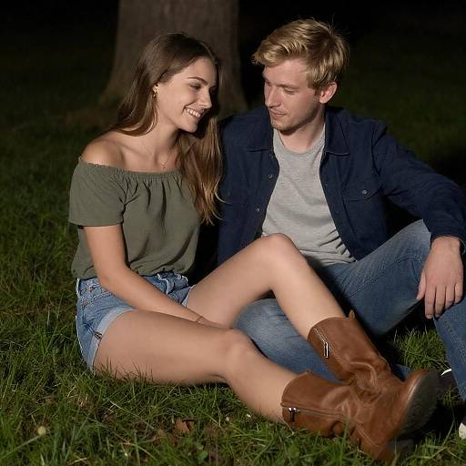 Young Couple Sitting on Grass at Night