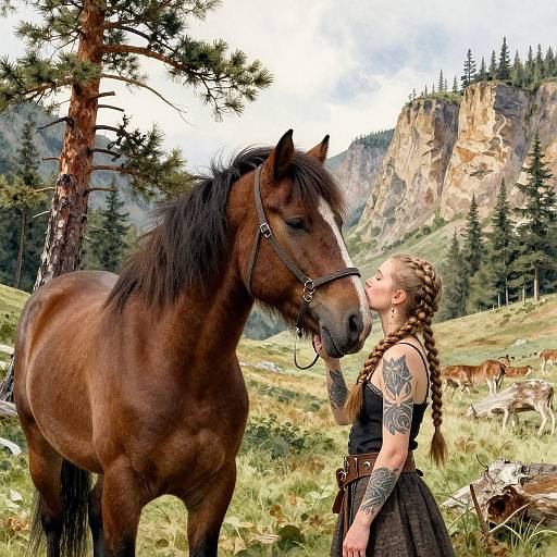Photograph of a tattooed woman with braided hair kissing a brown horse's nose in a mountainous forest, with other horses in the background.