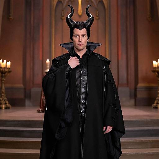 Photograph of a man in a black, leather devil costume with horned headpiece, standing in a dimly lit, gothic cathedral with candles