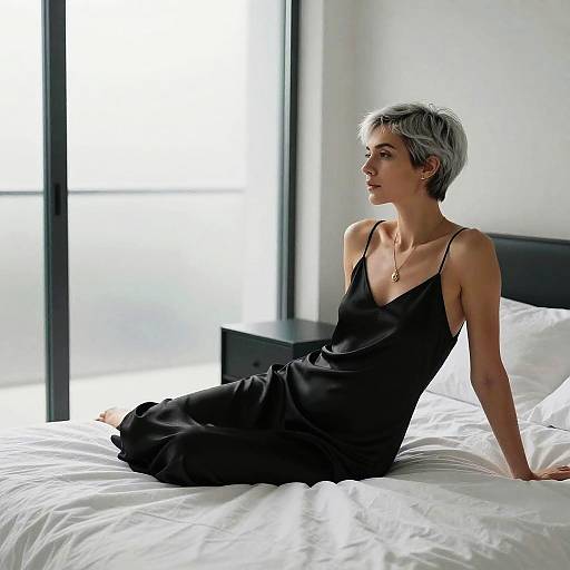 Photograph of a short-haired, silver-haired woman in a black, spaghetti-strap dress, sitting on a white bed in a bright, modern bedroom
